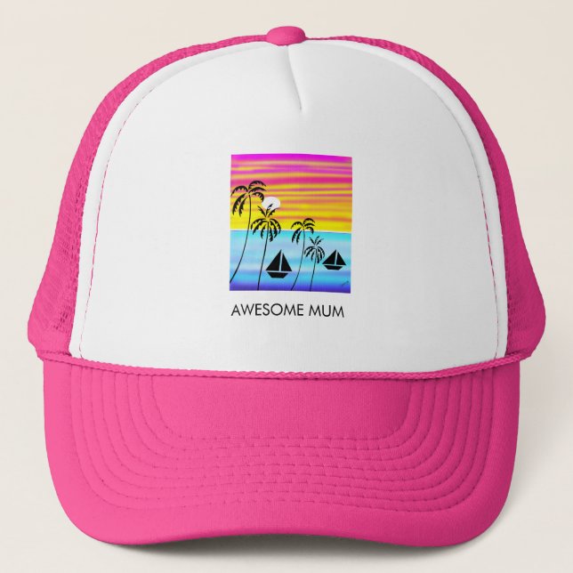Awesome Mom Tropical Sunset Sailing Trucker Hat (Front)