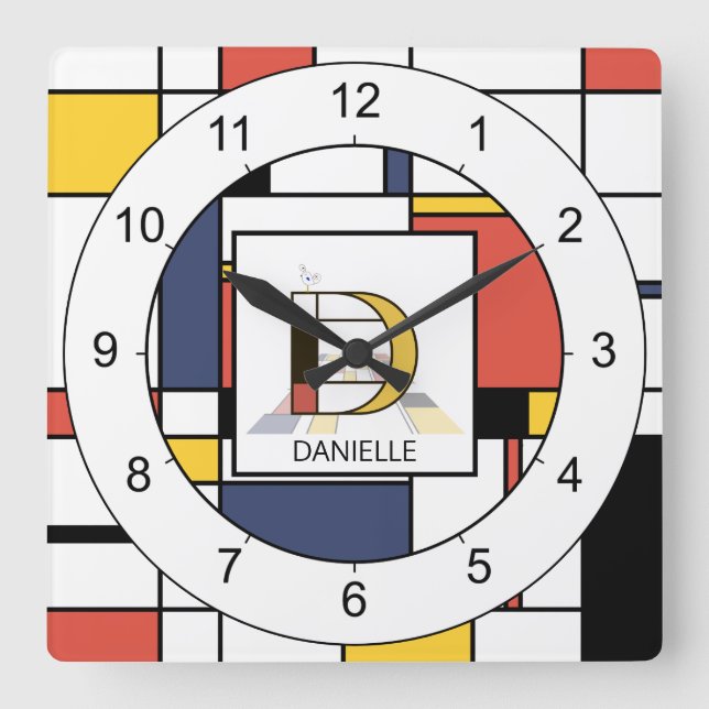 Awesome Neoplasticism Art Monogram. Letter D Square Wall Clock (Front)