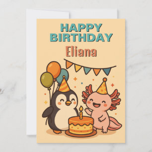 awesome Penguin and axolotl happy birthday Invitation
