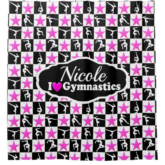 AWESOME PINK AND BLACK GYMNASTICS DESIGN SHOWER CURTAIN (Front)