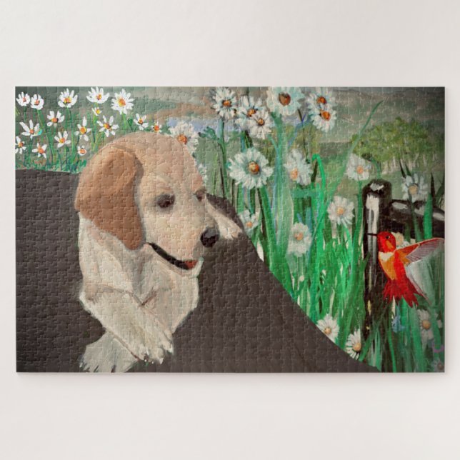 Awesome Puppy&Daisies& Hummingbird Jigsaw Puzzle (Horizontal)