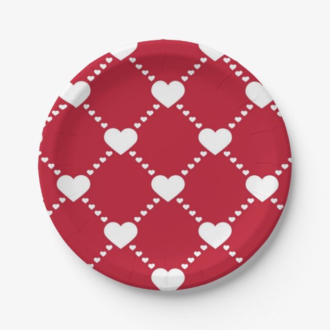 Awesome red and white love hearts paper plate (Front)