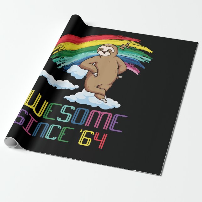 Awesome Since '64 59th Birthday Sloth Rainbow Wrapping Paper (Unrolled)