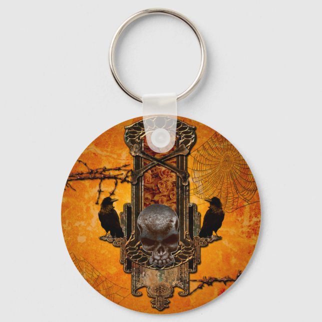 Awesome skulls and crow on a button with roses key ring (Front)