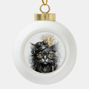 Awesome Steampunk Cat Ceramic Ball Christmas Ornament