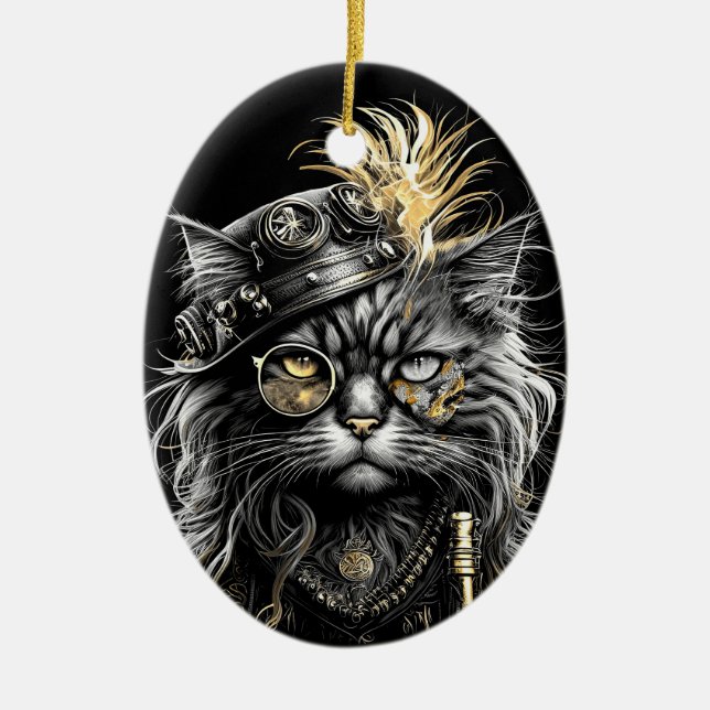 Awesome Steampunk Cat  Ceramic Tree Decoration (Front)