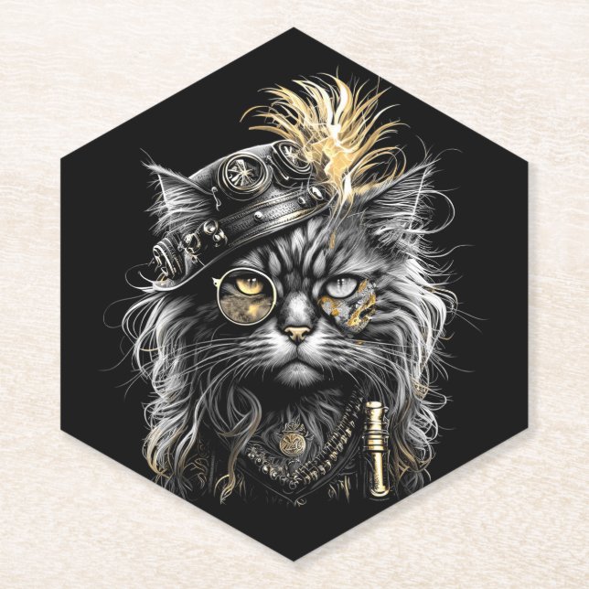 Awesome Steampunk Cat  Paper Coaster (Front)