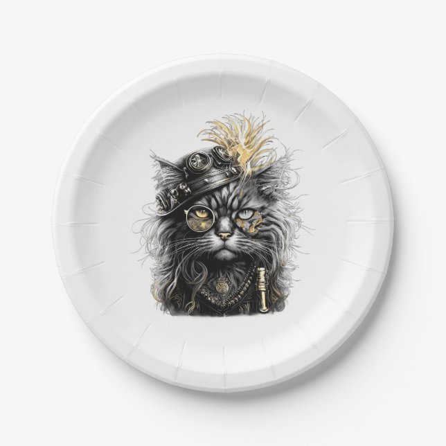 Awesome Steampunk Cat  Paper Plate (Front)