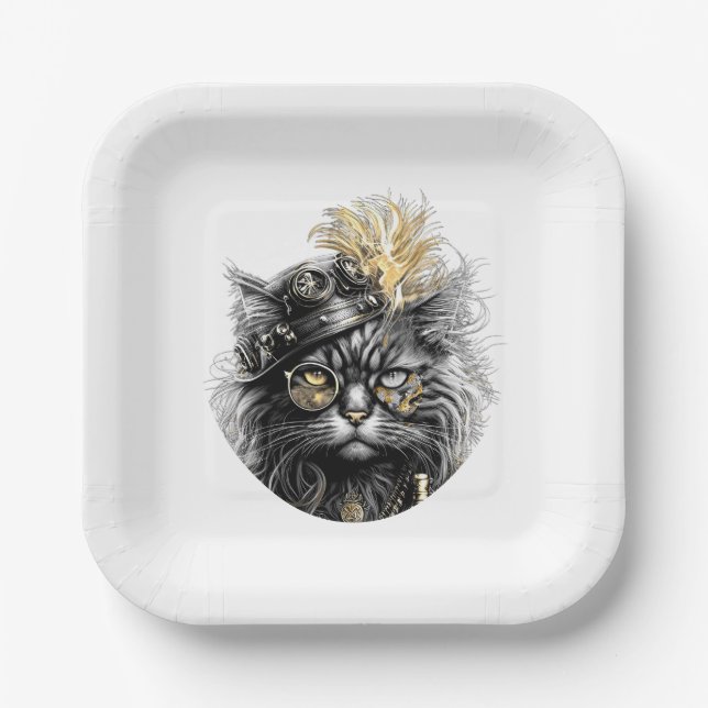 Awesome Steampunk Cat  Paper Plate (Front)