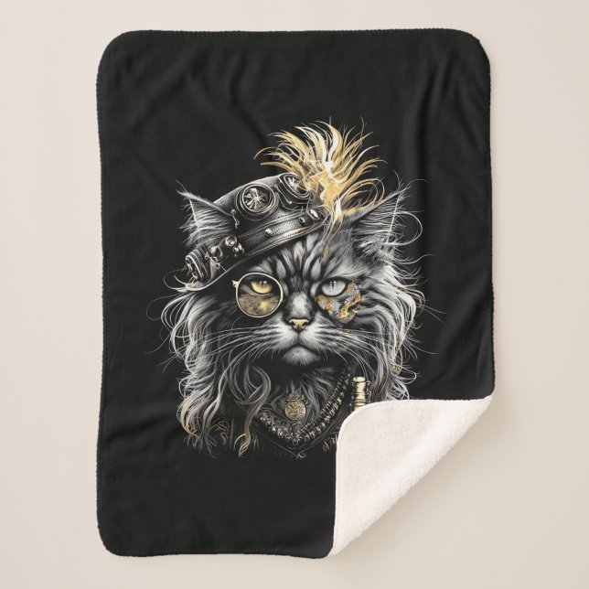 Awesome Steampunk Cat  Sherpa Blanket (Front)