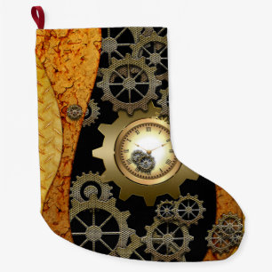Awesome steampunk design with clocks and gears large christmas stocking