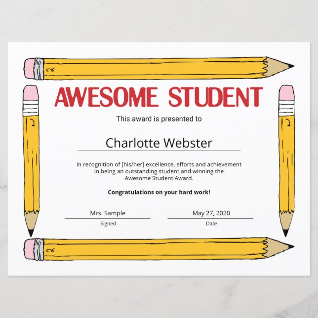 Awesome Student Student Recognition Certificates (Front)