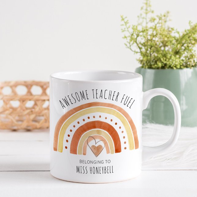 Awesome Teacher Fuel Doodle Rainbow Personalised Coffee Mug (Awesome Teacher Fuel gift mug with rainbow)