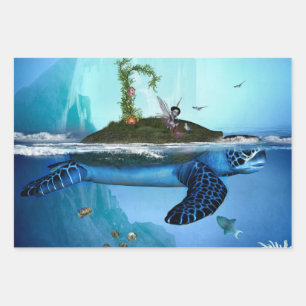 Awesome turtle with fairy and birds wrapping paper sheet