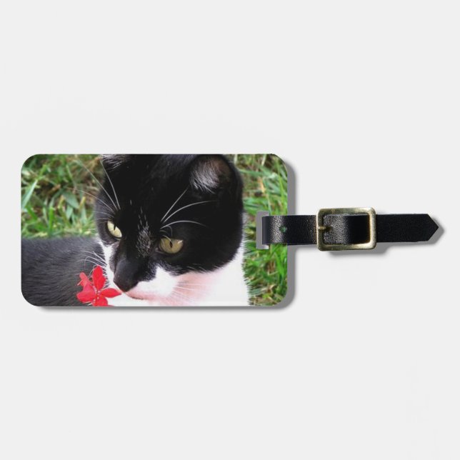 Awesome Tuxedo Cat in Garden Luggage Tag (Front Horizontal)