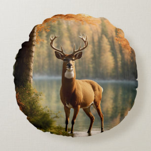 Awesome Twelve Point Buck in Autumn Waters Round Cushion
