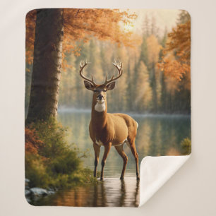 Awesome Twelve Point Buck in Autumn Waters Sherpa Blanket