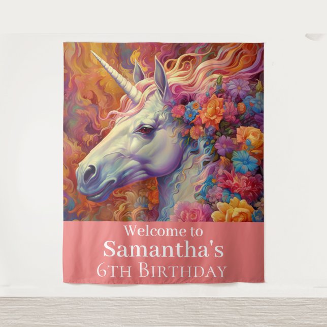 Awesome Unicorn Birthday backdrop Tapestry (Front)