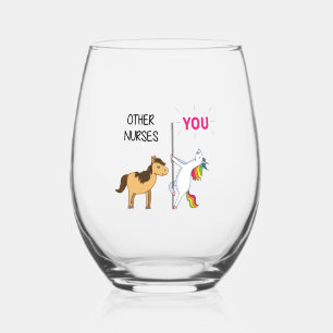 Awesome Unicorn Gift For Nurse Stemless Wine Glass