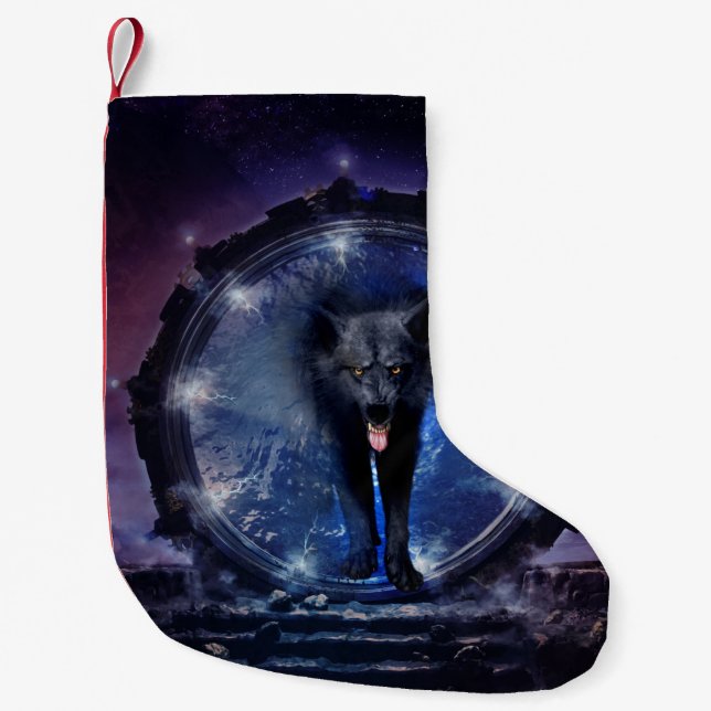 Awesome wolf comes through a gate small christmas stocking (Front)