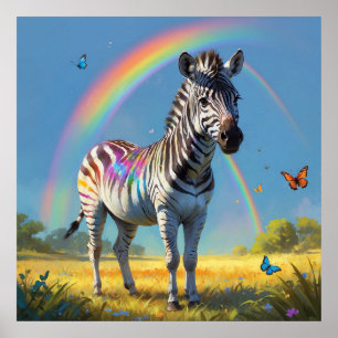 Awesome Zebra in Wild with Rainbow and Butterflies Poster