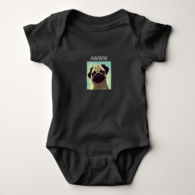 Awww Cutest Pug Ever Cute Puppy Cartoon Baby Bodysuit (Front)
