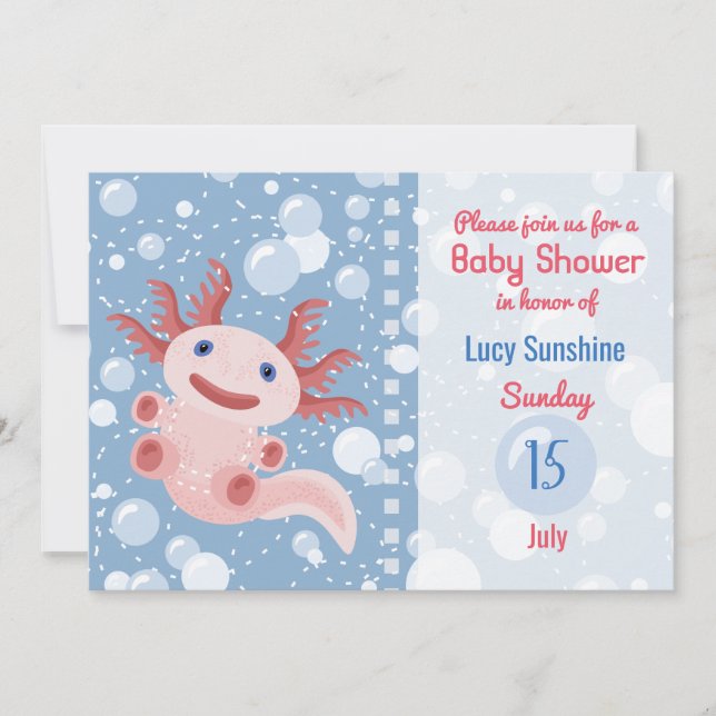Axolotl and the Bubbles - Blue Water Baby Shower Invitation (Front)