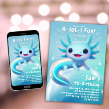 Axolotl Birthday Invitation Neon Boy Axolotl Party