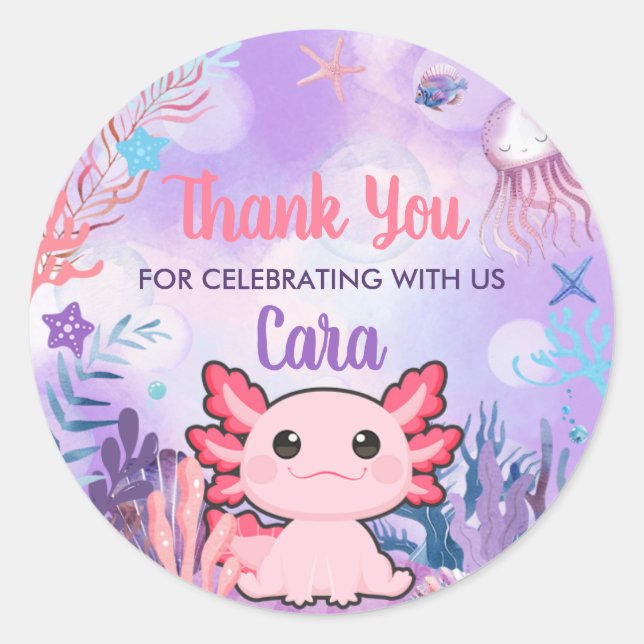 Axolotl Birthday Party Classic Round Sticker (Front)