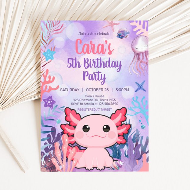 Axolotl Birthday Party Invitation (Girl Axolotl Birthday Party )