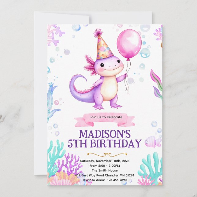 Axolotl Birthday party invitation (Front)