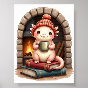 Axolotl Coffee Addict Kawaii - Cosy Reading Nook D Poster