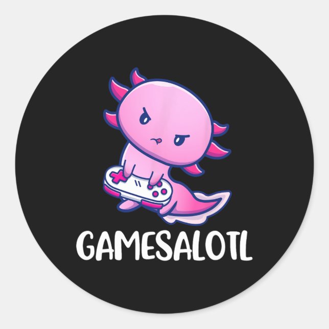 Axolotl Cute Playing Video Game  Classic Round Sticker (Front)