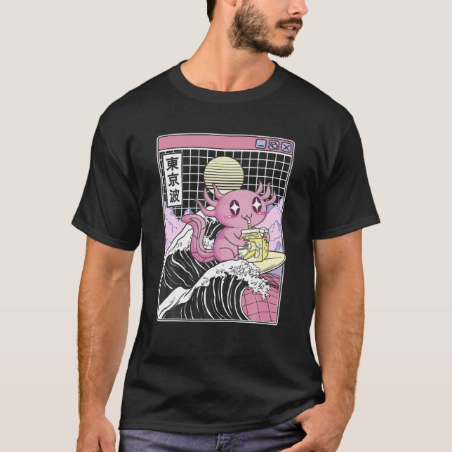 Axolotl Drinking Banana Milk Kanagawa Wave Anime V T-Shirt (Front)