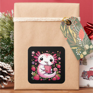 Axolotl Drinking Japanese Strawberry Milk  Square Sticker