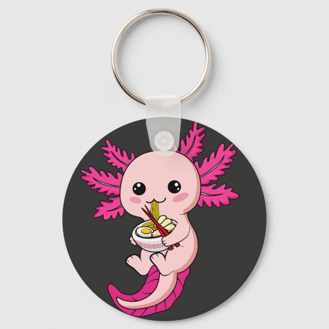 Axolotl Eating Ramen Noodles Kawaii Anime Button Key Ring (Front)