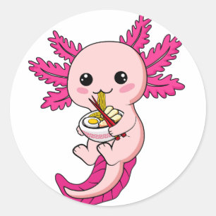 Axolotl Eating Ramen Noodles Kawaii Anime Classic Round Sticker