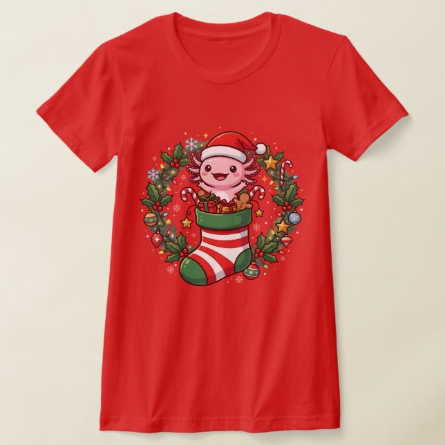 Axolotl in Christmas Socks Santa Claus Lights Xmas T-Shirt (Laydown)