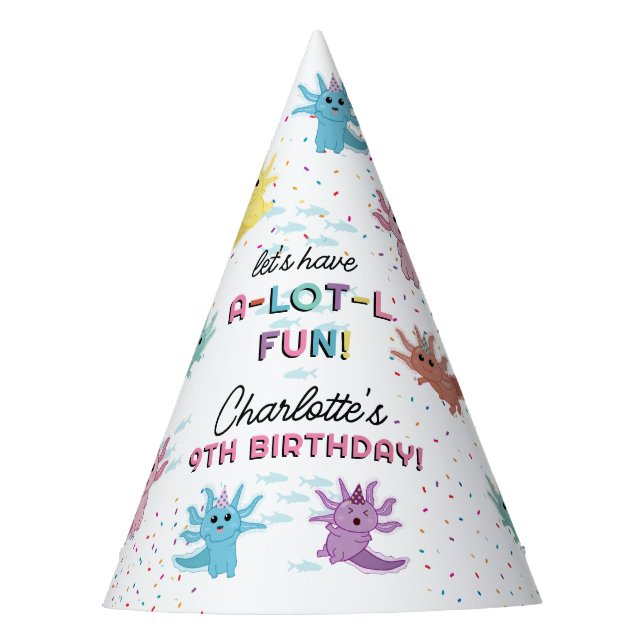 Axolotl Kids Cute Salamander Birthday Party Hat (Front)