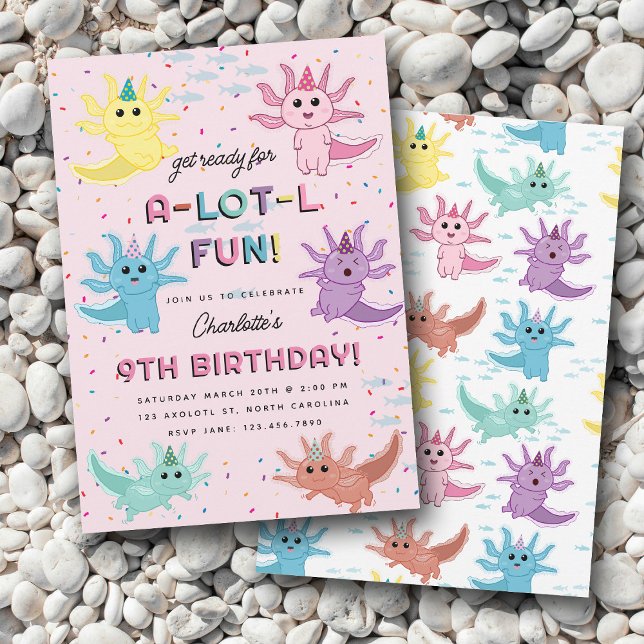 Axolotl Kids Cute Salamander Pink Birthday Party Invitation (Axolotl Kids Cute Salamander Pink Birthday Party Invitation)