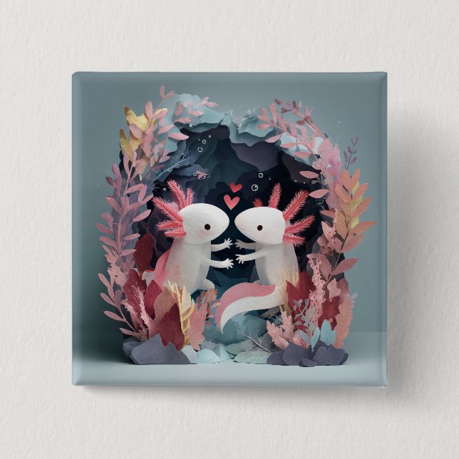 Axolotl love paper cut shadowbox diorama 15 cm square badge (Front)