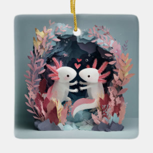 Axolotl love paper cut shadowbox diorama ceramic ornament