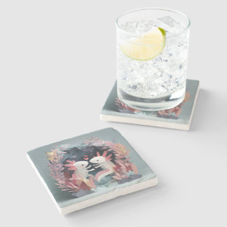 Axolotl love paper cut shadowbox diorama stone coaster