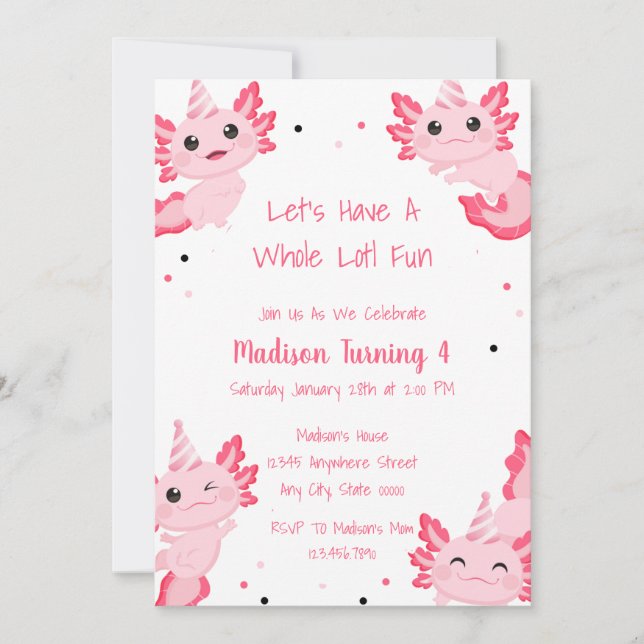 Axolotl Pink Girl Alotl Fun Birthday Party Invitation (Front)