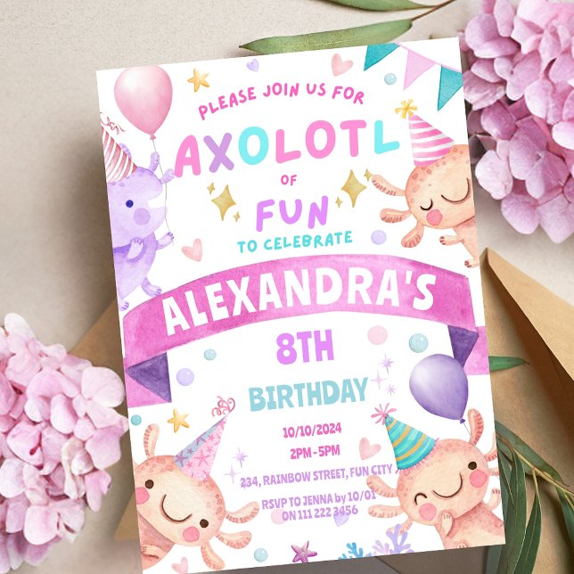 Axolotl Pink Girl Cute Salamander Aquatic Birthday Invitation (Axolotl Pink Girl Cute Salamander Aquatic Birthday Invitation)