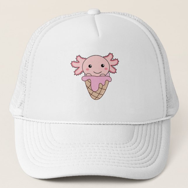 Axolotl Pink Ice Cream Waffle Sweet Animals Trucker Hat (Front)
