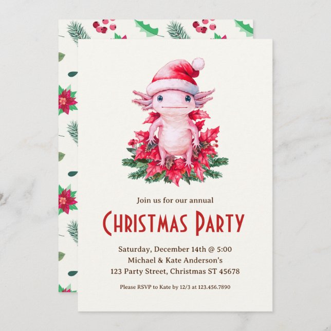 Axolotl Santa Hat Poinsettias Christmas Party Invitation (Front/Back)