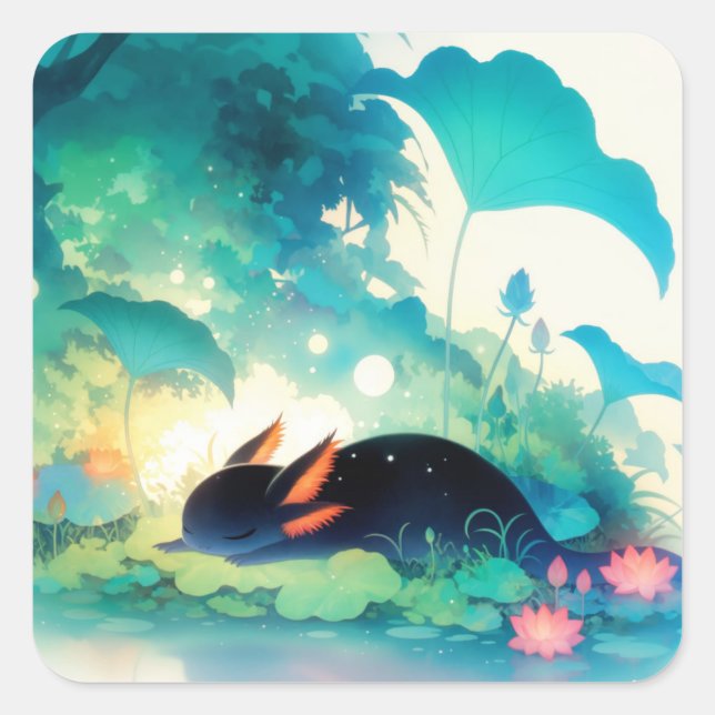 Axolotl Secret Flower Pond Hideaway Square Sticker (Front)