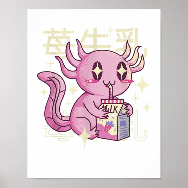 Axolotl Strawberry Milk Japan Style Japanese Kawai Poster (Front)