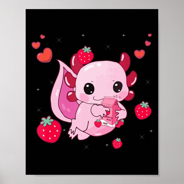 Axolotl Strawberry Milk Shake Kawaii Japanese Anim Poster (Front)